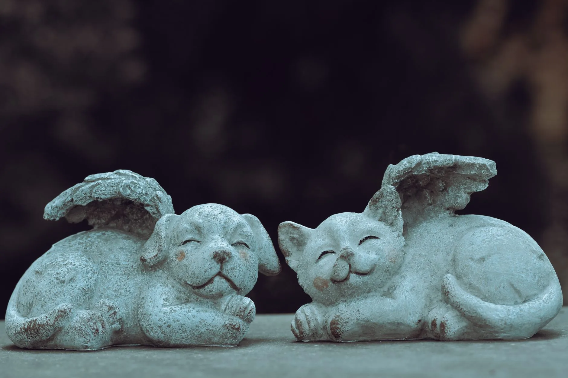 Two sleeping angelic dog and cat statues symbolizing the Rainbow Bridge and comfort of pets in heaven.