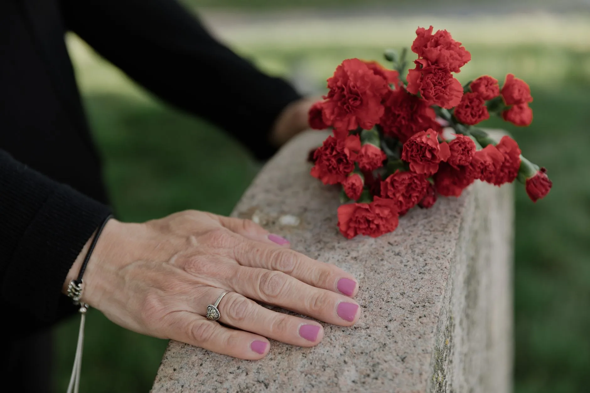 Hands resting on a gravestone beside red carnations, offering a quiet gesture of condolence for someone who lost a pet.