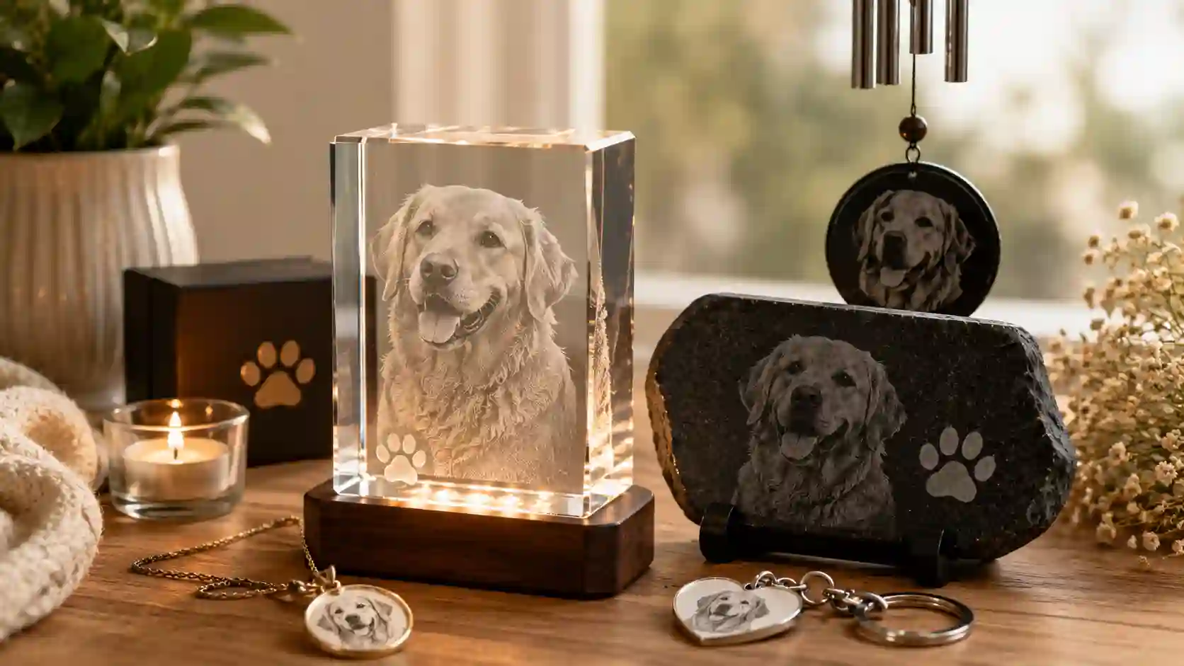 Engraved pet memorial gifts with a personalized crystal portrait, memorial stone, pendant, and keepsakes for remembering a beloved pet
