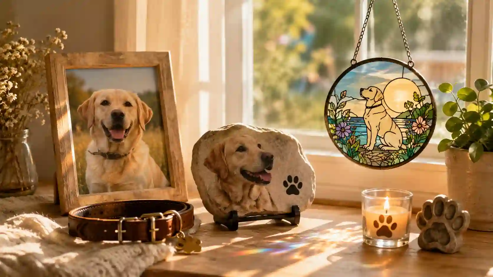 Personalized dog memorial gifts with a Labrador photo, memorial stone, collar, paw keepsake, candle, and suncatcher