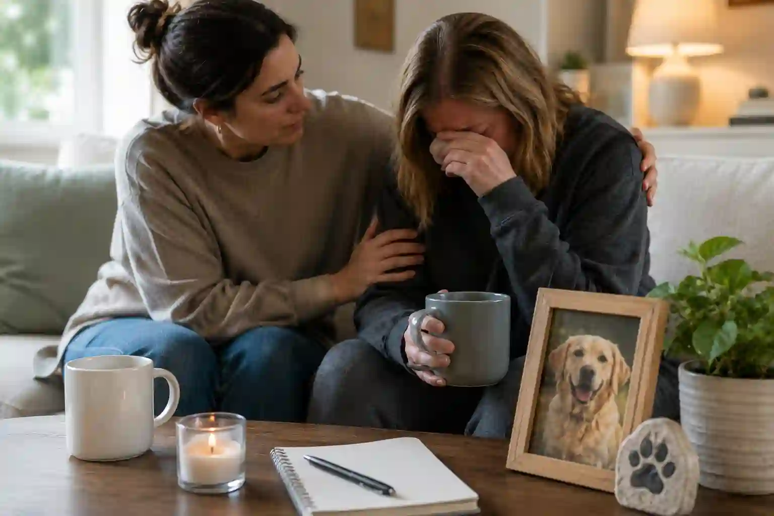 Friend comforting someone grieving the loss of a pet beside a framed photo of their beloved dog